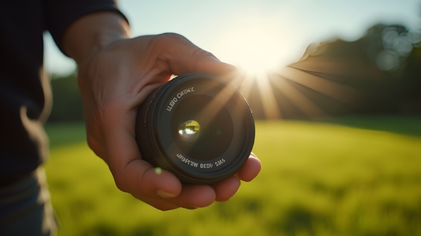 Close-Up Hand Gripping Camera Lens Outdoors