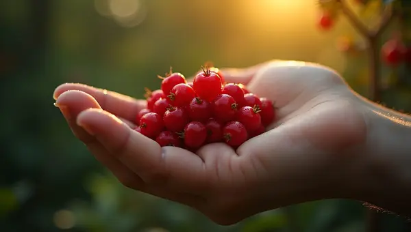 Close-Up Of Hand Holding Ripe Red Berries