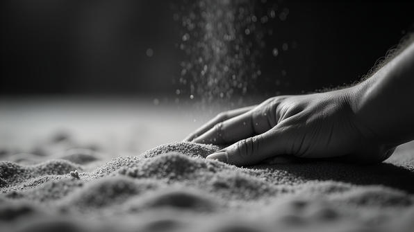 Close-up of hand gently spreading fine sand grains over a textured surface in grayscale