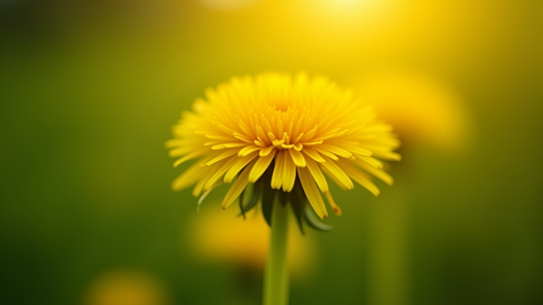 Close-up macro shot of vibrant dandelion flower with detailed yellow petals and green stem
