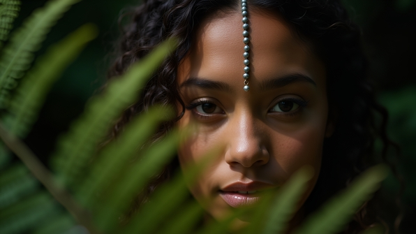 Close-up portrait of a woman with forehead beads partially obscured by delicate fern leaves in soft natural light