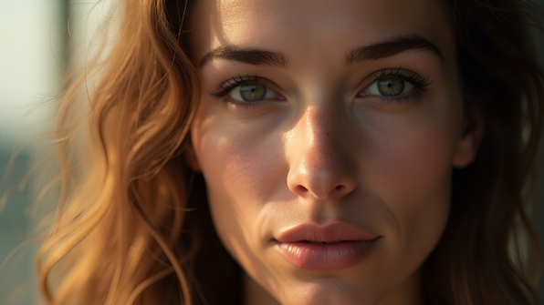 Close-up portrait of a woman with soft lighting and selective focus showing delicate facial features and a serene expression