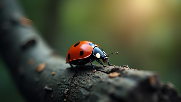 Close-up red ladybird with black spots perched on textured gray wooden tree branch