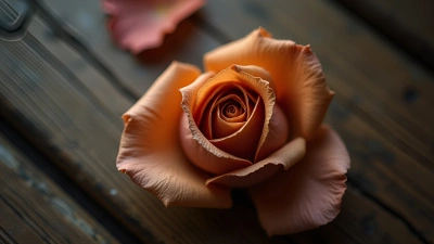 Close-Up Of Single Dried Rose On Rustic Wood