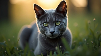 Close-Up Of Sleek Gray Cat With Green Eyes