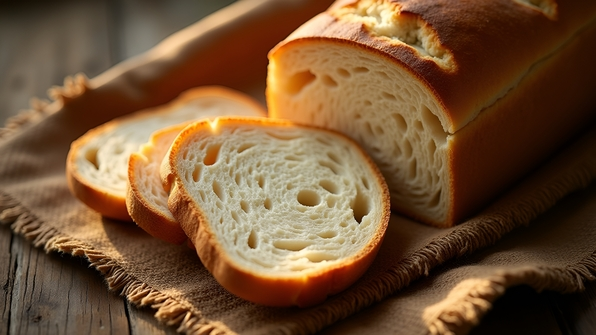 Close-up of sliced brown and white bread arranged on rustic brown textured fabric with natural lighting