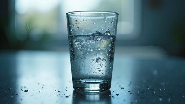 Close-up transparent glass with fresh water droplets glistening under soft natural light