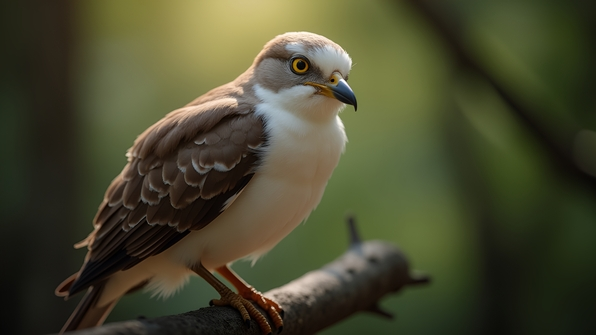 Close-up white and brown bird perched on a branch with detailed feathers and vibrant eyes