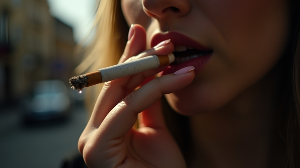 Close-up of a woman gently holding a cigarette butt between her fingers against a blurred urban background with soft natural lighting