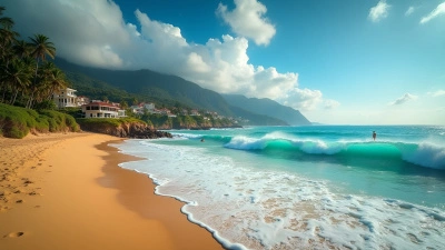 Coastal Village With Golden Sandy Beaches And Surfers