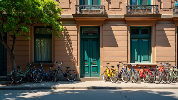 Colorful Bicycles Parked Outside Concrete Building