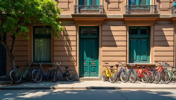 Colorful Bicycles Parked Outside Concrete Building