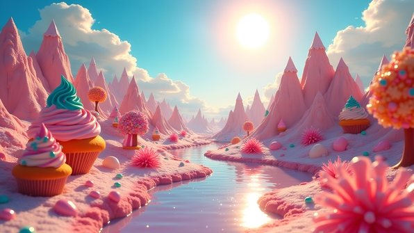 A colorful dessert landscape featuring candy mountains and chocolate rivers under a sunny sky