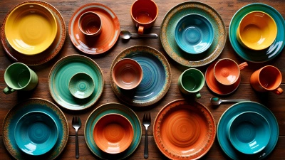 Colorful Dinnerware Set on Wooden Table