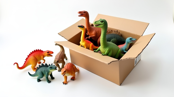 Colorful dinosaur toys assortment displayed next to an open cardboard box on a white background