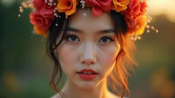 Close-up portrait of a woman wearing a colorful floral headband with a softly blurred background