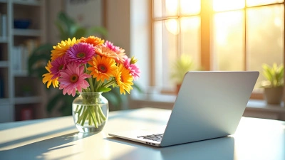 Colorful Flowers in Glass Vase by Laptop