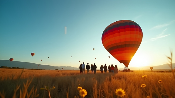 Group of unidentified people gathered beside a colorful hot air balloon on a clear day in an open field