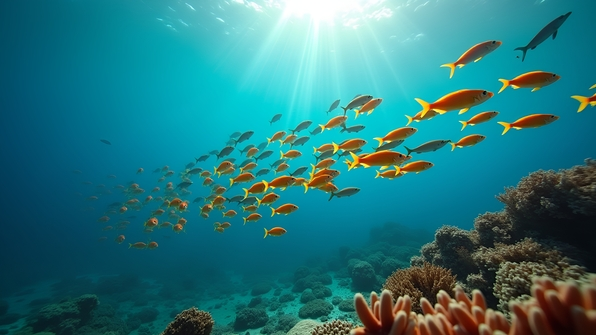 A vibrant school of small colorful fish swimming in clear tropical ocean waters with coral reefs