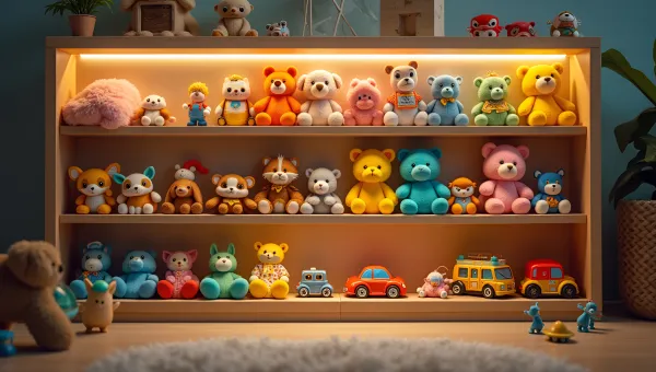 Colorful Toy Shelf With Stuffed Animals And Puzzles