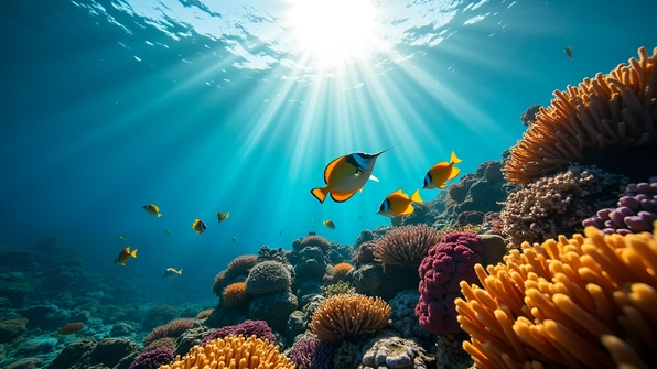 Close-up of colorful tropical fish swimming among vibrant coral reefs in clear blue ocean water