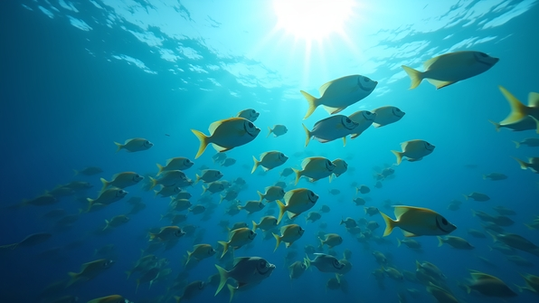A vibrant school of colorful tropical fish swimming gracefully in clear blue ocean waters with sunlight filtering from above