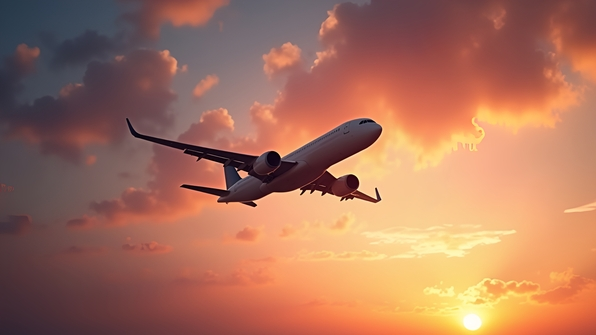 Commercial airplane flying through a vibrant sunset sky with orange, pink, and purple hues and wispy clouds