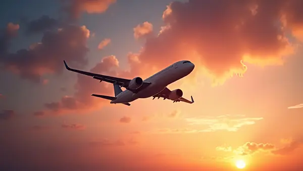 Commercial Airplane Flying Through Sunset Sky