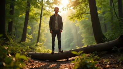 Confident Man Balancing on Fallen Log in Forest Clearing