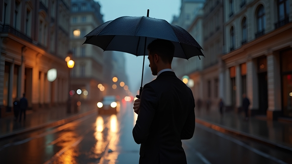 Confident man in a black suit jacket standing under a classic black umbrella on a rainy city street at dusk