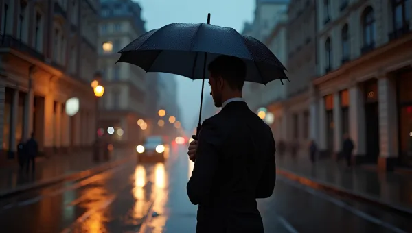 Confident Man with Black Umbrella on Rainy Street
