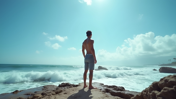 A confident man stands barefoot on a rocky seashore with waves crashing under a bright blue sky with scattered white clouds