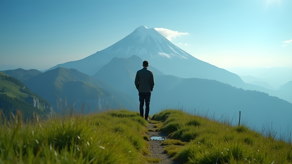 A confident man standing alone on lush green grass atop a majestic mountain under a clear blue sky