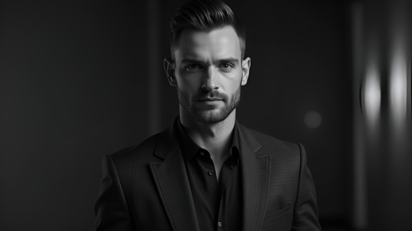 Grayscale portrait of a confident man in a tailored suit jacket standing against a soft, blurred background