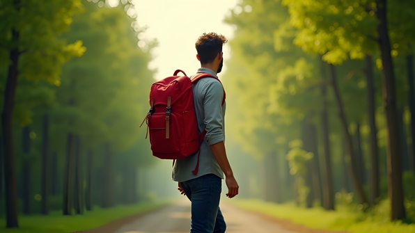 Confident man walking outdoors with red backpack against green background
