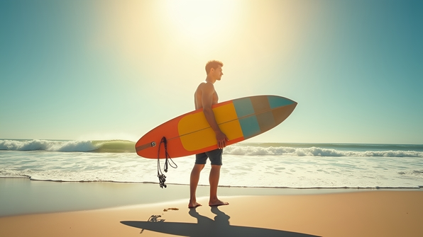 A confident surfer with a colorful surfboard standing on the sandy shore with crashing ocean waves and a bright sunny sky