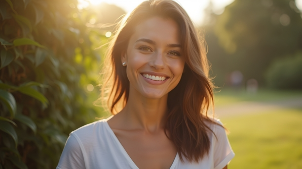 Confident woman smiling brightly outdoors in casual chic outfit with natural sunlight highlighting her features