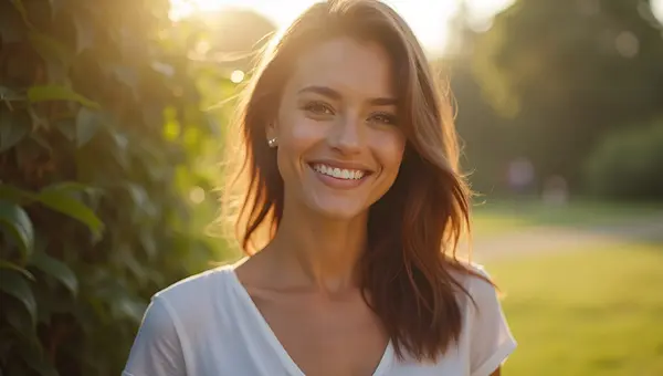 Confident Woman Smiling Outdoors In Casual Chic