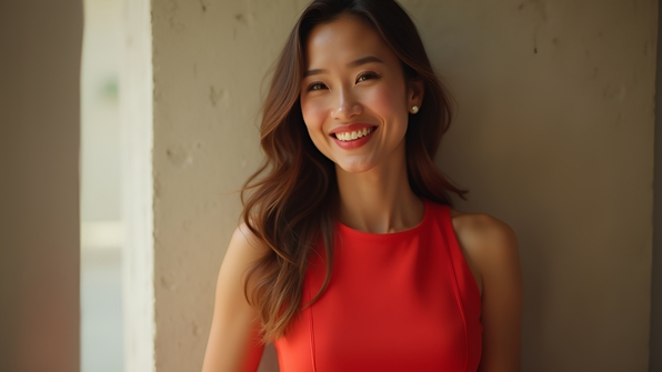Portrait of a confident woman in a vibrant red dress smiling against a soft neutral background with natural lighting