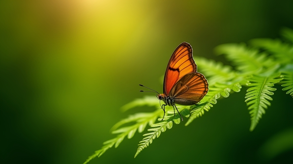 Close-up of a copper butterfly resting delicately on green fern leaves in soft natural sunlight
