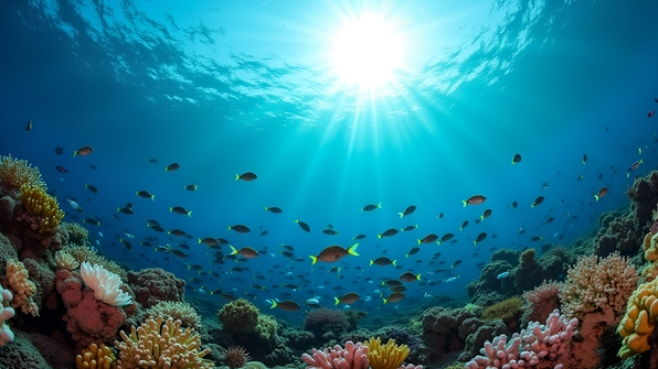 A vibrant coral reef with white and black fish swimming underwater