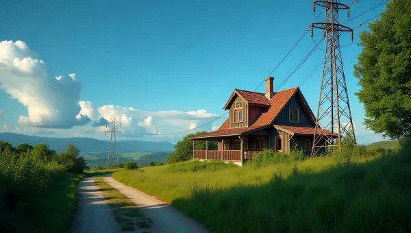 Countryside Landscape with Cozy House and Utility Pole