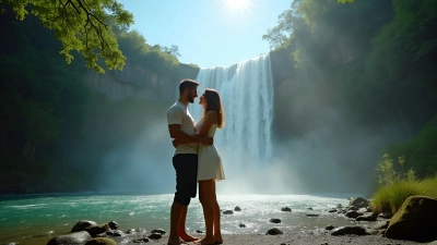 Couple By Cascading Waterfall In Nature