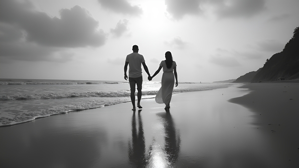 Black and white photo of a couple walking hand in hand on a sandy beach with gentle waves and an overcast sky