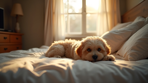 Cozy bedroom with a fluffy dog resting comfortably on a neatly made bed in soft natural light