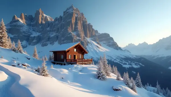 Cozy Brown Wooden House Near Snowy Mountain