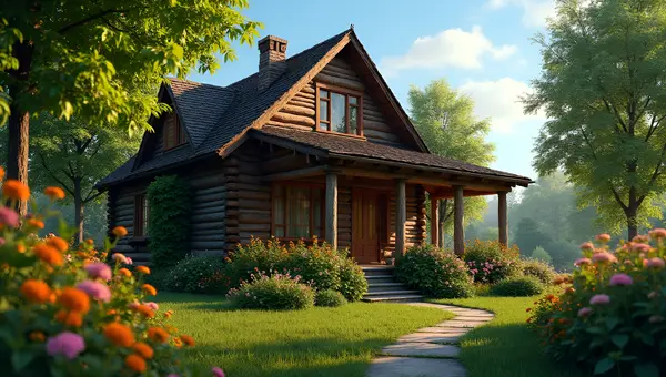 Cozy Brown Wooden House Surrounded by Greenery