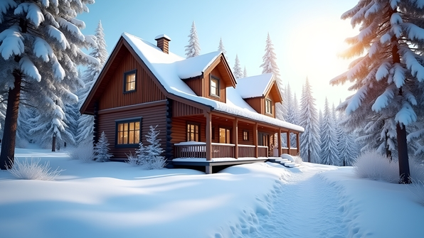 Cozy brown wooden house surrounded by pristine snow under a bright daytime sky