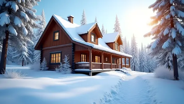 Cozy Brown Wooden House in Winter Snow