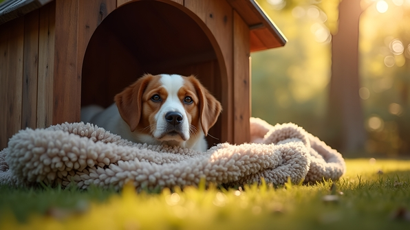 A cozy dog inside a wooden dog house surrounded by soft blankets and sunlight filtering through trees in a peaceful backyard